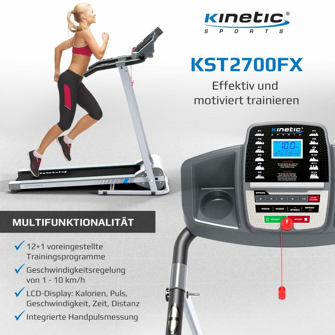 KINETIC SPORTS Laufband klappbar 10 km/h LCD Puls Heimtrainer für zuhause 120 kg 